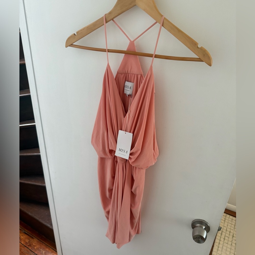 MISA Pink Domino Mini Draped Dress Size XS